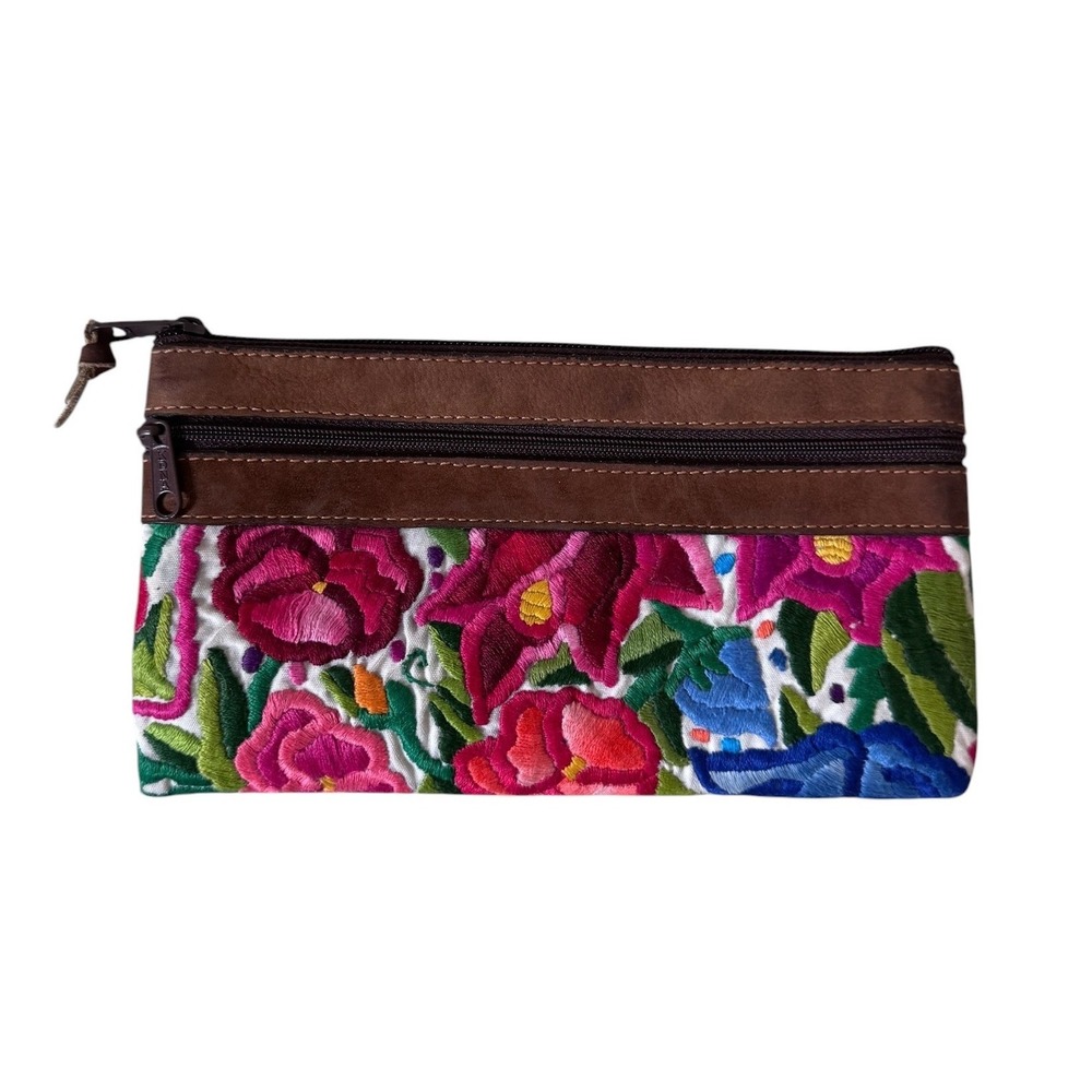 Altiplano Floral Embroidered Leather Trim Zipper Pouch Clutch Brown Multicolor